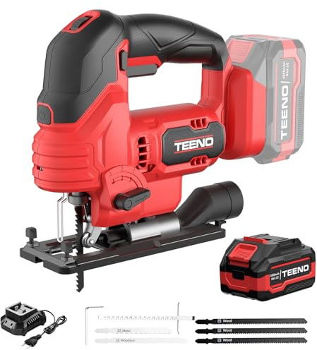 TEENO Seghetto Alternativo Senza Fili Per Batteria Makita 20V 4.0AH, Seghetto Alternativo laser 800-3000 SPM, 6 VELOCITÀ, LED, Angolo ±45°, 5 lame per Legno, Plastica, Metallo (Una Batteria, 4.0 AH)