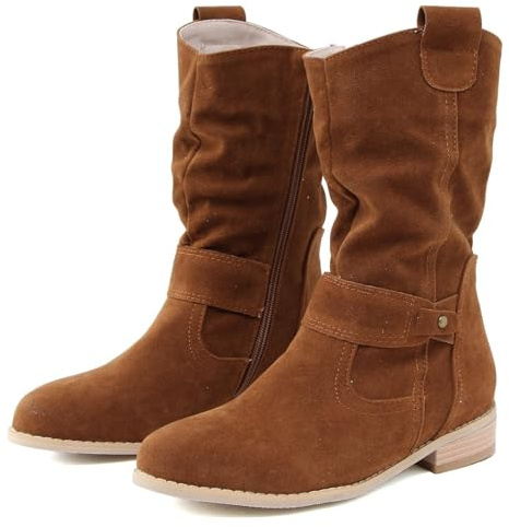 Botas vaqueras de gamuza de tacón bajo para mujer, botines casuales puntiagudos con cremallera, cómodos zapatos planos holgados a media pantorrilla, Brown, 43.5 EU