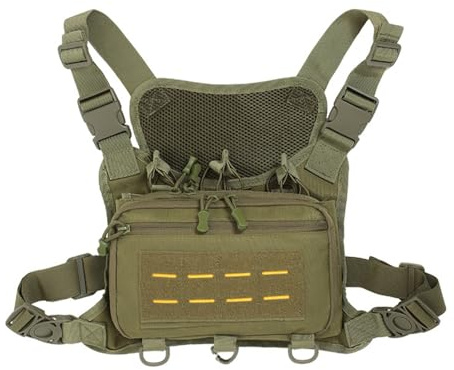 MiOYOOW Sacoche de Poitrine Tactique, Sacoche Militaire Chest Rig, Gilet de Course Respirant avec Poches Multiples et Bande Réfléchissante pour la Randonnée, le Cyclisme, la Chasse et la Pêche