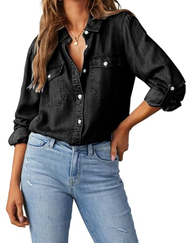 Femme Chemise en Jean à Manches Longue Chemiser Boutonnée en Denim avec Poches Veste Légère Chic et Élégant
