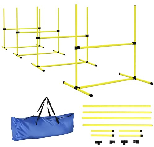 PawHut Set di 4 Ostacoli Agility Dog per Addestramento Cani ad Altezza Regolabile con Borsa da Trasporto Inclusa, 99x65x94cm, Giallo
