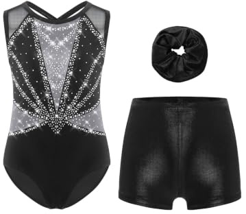 Sinleey Mädchen 3 Teiliges Gymnastikset Turnanzug Ärmellos Strass Gymnastikanzug mit Shorts Metallic und Haarband Ballett Tanz Leotard Tanzanzug A Schwarz Silber 170