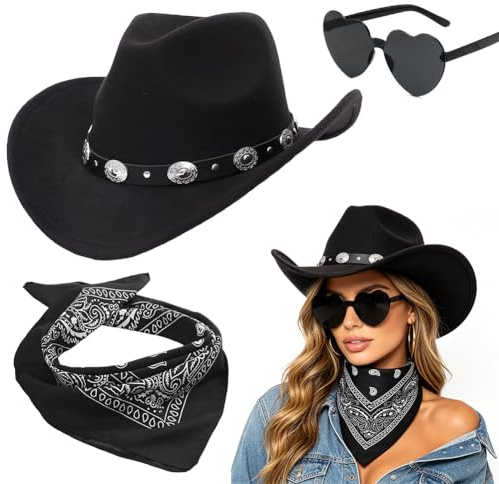 VorPrillynt Western Cappello Cowboy 3 Pezzi Set Cappelli da Cowboy Cappello Cowgirl Costume Cappelli Accessorio con Sciarpa e Occhiali Multifunzionali Protezione Solare per Halloween 5