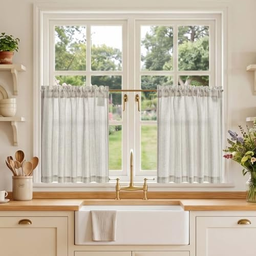 TOPICK Linen Look Kitchen Curtains, Cafe Curtains, W36 xL24 Grey Striped | 2 Panels Rod Pocket Light Filtering Curtains, Half Window Curtain 2 Drapes for Bedroom, Living Room, Cupboard Base, Sink
