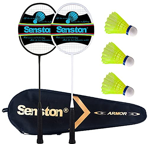 Senston Badmintonschläger Leichtgewicht Carbon-Fiber Badminton Set mit 3 Federbälle für Einsteiger, Freizeitunterhaltung, Familienfeiern