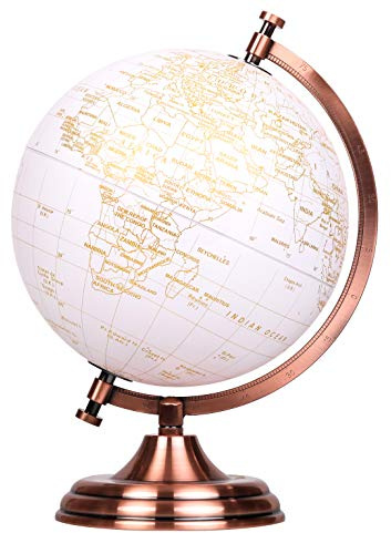 TOPGLOBE 20 cm glob gyllene och vit färg metallisk – bröllop gästbokglob – metallbåge och bas – för skola, hem, kontor (engelska)