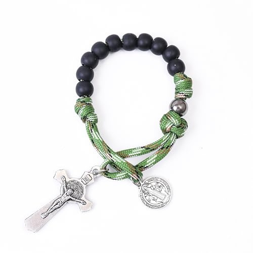Nazareth Store One Decade Paracord Pocket Rosary - Miraculous Rosary - St Benedict - St Joseph Medal and Cross, 11.22 inches, Zinc, No Gemstone