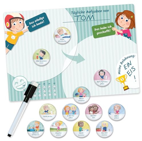 Papierdrachen Magnettafel-Basis-Set Tagesablauf für Kinder - Strukturierte Routine, Belohnungssystem, Wiederverwendbare Belohnungstafel mit 12 Magneten | 3 Erweiterungssets Verfügbar