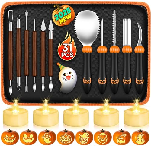 31 PCS Pumpkin Carving Kit: Pumpkin Carving Tools, Halloween Pumpkin Carving Kit with Stencils Candles Carrying Case, Professional Pumpkin Carving Set Knife for Adults Kids Family Halloween Party