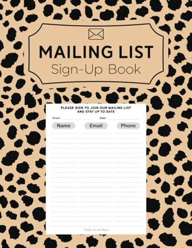 Mailing List Sign Up Book | Event Register Log Book To Collect Visitors´ Names, Emails, And Phone Numbers | Corporate Email List | Business Email Address List | Leopard Spots Cover Design
