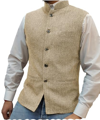 Tuikayoo Mens Herringbone Wool Vests Suit Business Tweed High Collar Waistcoats Slim Fit(XXXL, Champagne)