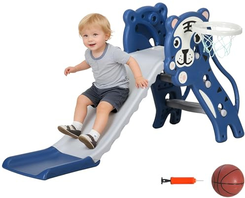 AIYAPLAY Kids Slide, 3 in 1 Freestanding Toddler Slide with Basketball Hoop, Climber, Basketball, Indoor Outdoor Tiger-Themed Playset for Ages 18-36 Months, Blue