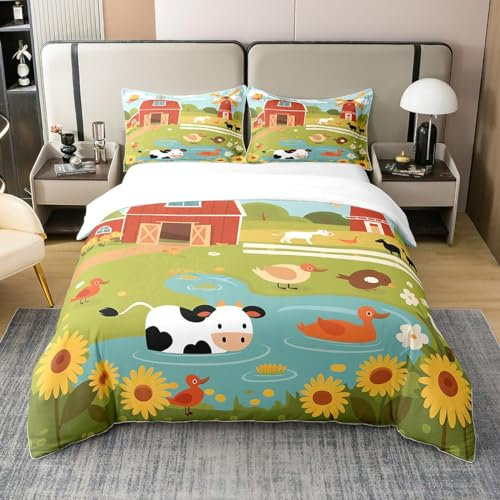 Homewish Farm Animals Comforter Cover Super King,Rustic Farmhouse Windmill Bedding Set,Cute Cartoon Chicken Cow Duck Print Duvet Cover Sunflower Floral Room Decor for Kids,Nature Theme Bed Set