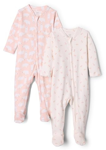 Amazon Essentials x Sofia Grainge Unisex Babies' Cotton Footed Sleep and Play One-piece Bodysuit, Pack of 2, Pink Bunny Bear, 3-6 Months