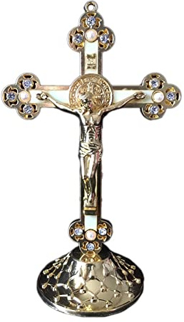 Kopinma Korsstatyfigur, stående krucifix Jesus kors med bas, kors stående gåvor bil hem kapell dekoration och bordsdekoration (guld)