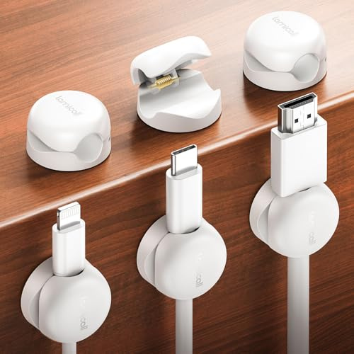 Lamicall [6 Piezas] Clip de Cable de Resorte - [Super Mini & Ahorro Espacio] Organizador Cable Autoadhesivo Sin Residuos, Clip Cable para HDMI, USB, PC, TV, Hogar, Cocinas, Oficina, (8mm) - Blanco