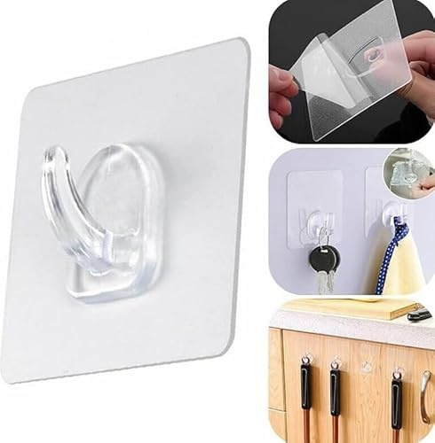 Volunx 10 PCS Heavy Duty self Adhesive Clear Hooks Clear Waterproof 15kg 33lb Plastic Strong Sticky Hook for Bathroom Kitchen Wall Door Metal, Tiles, Wood, Ceramic to Make Garland