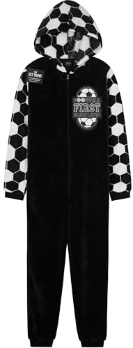 Get Trend Pijama Niño Entero Cremallera, Ropa de Dormir Adolescentes, Mono Cálido de Fútbol con Capucha, Ideas Regalo (11-12 Años, Negra/Blanco Fútbol)