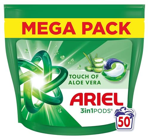 Ariel Pods 3en1, Lessive en Capsules, 50 Lavages, Avec Une Touche d’Aloe Vera, Action Détachante En 1 Seul Lavage, Dissolution Rapide Même à Froid, Fabriqué en France