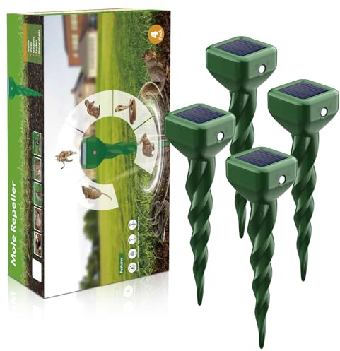 Dufuso Ahuyentador de Topos Solar 4 Piezas, Repelente de Ratones Ultrasónico, Ahuyentador Animales para Repeler Topillos, Topos, Serpientes y Roedores de Jardines, Anti Topos
