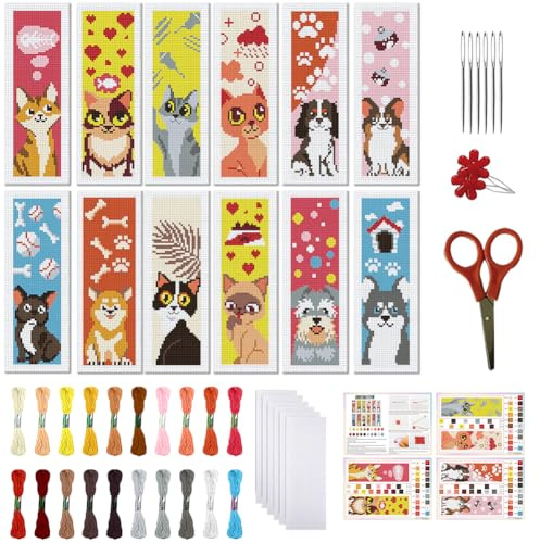 FREEBLOSS 12 juegos de marcadores de punto de cruz, coloridos patrones de mascotas, juego de punto de cruz estampado de 11 quilates con instrucciones para principiantes de 8 x 2,4 pulgadas