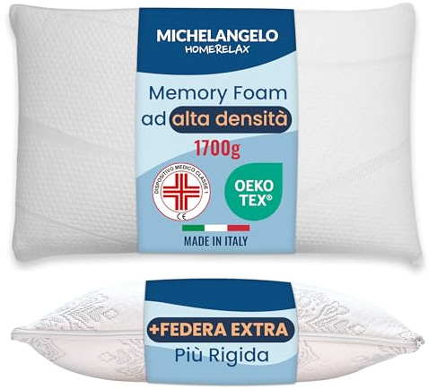 Michelangelo HomeRelax - 1 Cuscino ALTO + 1 Federa Rigida EXTRA in Memory Foam Cervicale Per Dormire Made in Italy DISPOSITIVO MEDICO Ortopedico Ergonomico Anallergico Traspirante Lavabile