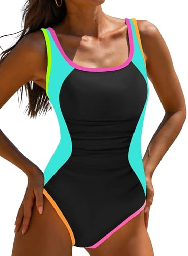 popvil One Piece Swimsuit Women 2026 Slimming Tummy Control Bathing Suit Sport Color Block Shapewear Swim Suit,Black2,Medium