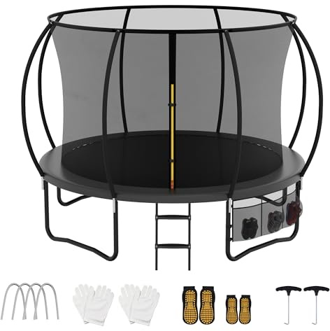 AWEV Trampoline 10ft, Outdoor Large Trampolines with Safety Enclosure Net, Non-Slip Ladder & Shoes Organiser for Kids & Adults, Exercise & Fitness, Maximum Load 150kg, Black