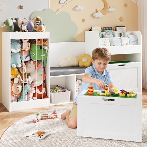 VortinT 68.9 W Kids Reading Nook, Toy Storage Box with Removable Building Baseplate Play Lid for Lego, Wooden Bookshelf with Stuffed Animal Storage, Bench and Removable Cushions for Playroom(White)