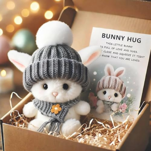 Pipihome Mini Bunny Hug Easter Gifts for Kids, Pocket Hug Rabbit Doll Toys Easter Bunny in Box, Easter Basket Stuffer Emotional Support Positive Crochet Rabbits for Kids & Adults
