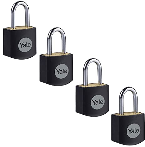 Yale Y110JB/15/111/4, Standardsicherheit, 15 mm, Messing, Vorhängeschloss, Schwarz, offener Bügel aus Stahl, Ø 2,8 mm, 4er Set, für Spind, Werkzeugkiste, Schrank, Hängeschloss