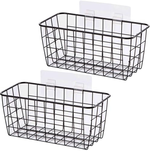 2 Set Adhesive Hanging Wall Basket Inside Cabinet Door Organizer,Wall Storage Basket-No Drilling Adhesive wall Basket for Cupboard Door,Space-Saving Small Hanging Baskets for Wall Mount Storage,Black
