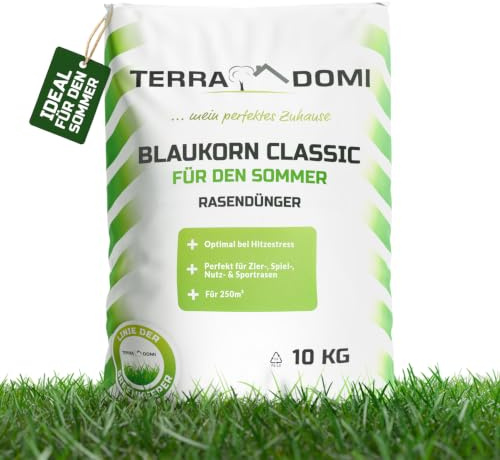 TerraDomi Blaukorn Dünger 10kg | Rasendünger Sommer mit Langzeitwirkung | Blaudünger optimal auch bei Hitzestress für einen gesunden Rasen | Volldünger & Universaldünger | 250m²