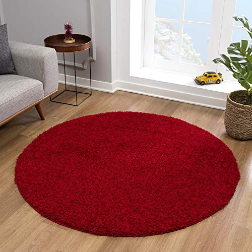 Impression Teppich Rund - Perfect Teppiche fürs Wohnzimmer, Flur, Schlafzimmer, Kinderzimmer, Babyzimmer - Hochwertiger Öko-Tex Zertifizierter Flächenteppich - Solid Color Rot - 120 cm Rund