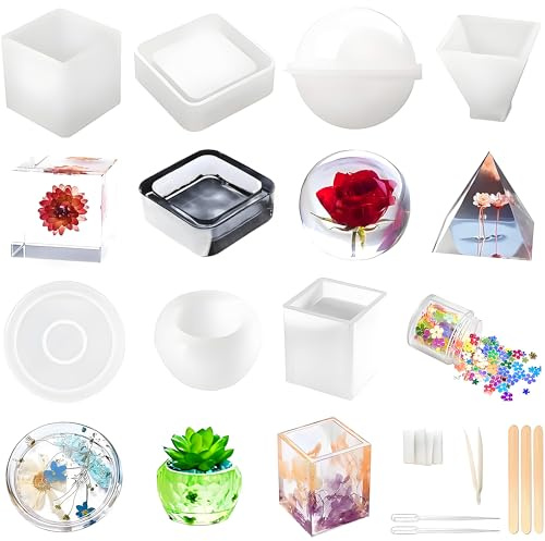 Resin Molds Silicone Kit 20Pcs,Epoxy Resin Molds Including Sphere,Cube,Pyramid,Square,Round, Used for Create Art,DIY,Ash Trays,Coasters,Candles.Bonus Decorative Sequins and The Complete Set Tools