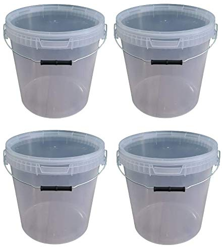 4 x 20 Liter Eimer mit Deckel transparent, stapelbarerer Milch-/Vorratseimer, Honigeimer Kunststoffeimer mit Lebensmittelfreigabe, Lebensmittelechte Behälter, Leereimer für Mehl, Wassereimer, 4 Stück
