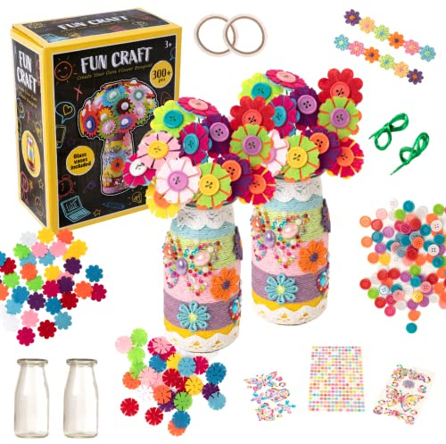 HTI DIY Flower Bouquet Craft Kit for Kids Ages 3+ | 300+ Piece Make Your Own Felt Flower & Button Vase Set | Fun Arts & Crafts Activity for Girls & Boys | Creative Gift Idea