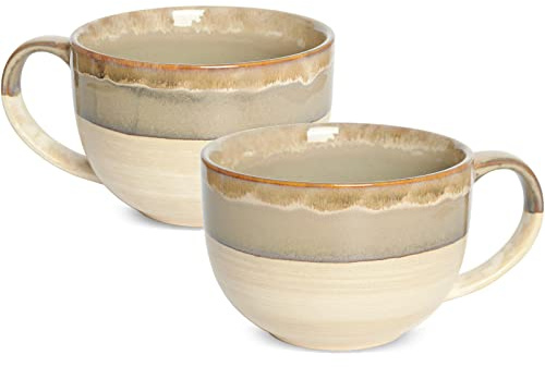 Bosmarlin Ceramic Jumbo Coffee Mug Set of 2, 23 Oz, Large Mug Soup Bowls with Handles, Dishwasher and Microwave Safe (Brown Grey)