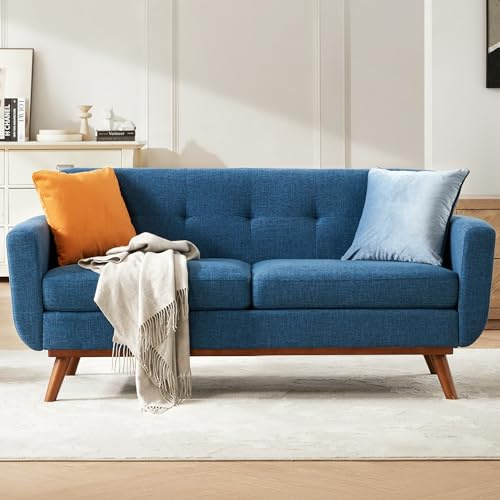 Kingfun 65.2 W Loveseat Sofa, Mid Century Modern Decor Love Seat Couches for Living Room, Button Tufted Upholstered Furniture, Solid & Easy to Install Small Couch for Bedroom Office Apartment, Blue