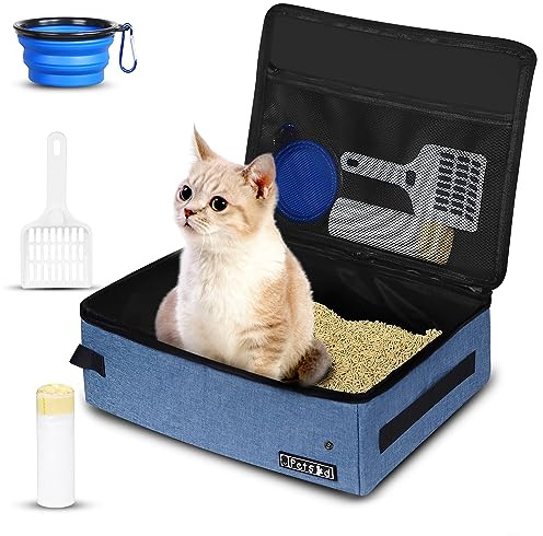 Petskd Portable Cat Travel Litter Box with Lid and 10 pcs Disposable Liner Bags, Leak-Proof and Collapsible, Cat Travel Essentials for Car, Hotel, Airplane and Other Outdoor Use(Blue)