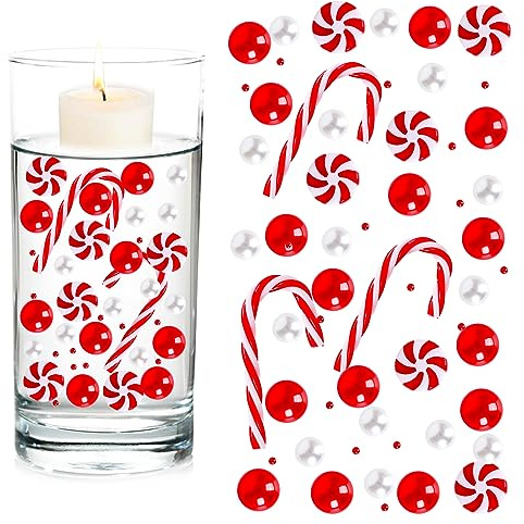 Gukasxi 6054 PCS Christmas Vase Filler, Red White Floating Pearls, Clear Water Gel Beads, Candy Canes, Christmas Vase Filler Decorations for Holiday Wedding Xmas Party Decorations