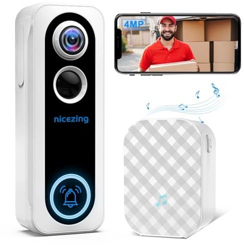 4MP Türklingel mit Kamera, nicezing WLAN Video Türklingel, Kabellose funkklingel mit Kamera mit Gong, 10000mAH Akku, Bewegungserfassung, Nachtsicht, Unterstützt SD & Cloud-Speicher