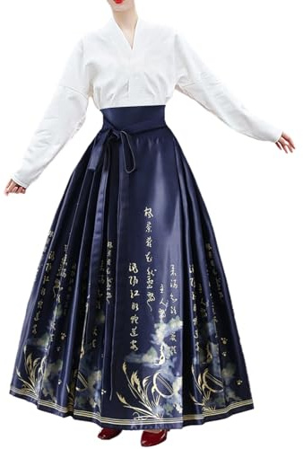 Jupes chinoises pour femmes – Jupe élégante visage de cheval vintage imprimé ethnique longue évasée plissée A-Line Jupe maxi traditionnelle Hanfu Vêtements, #4 - Bleu marine, taille unique