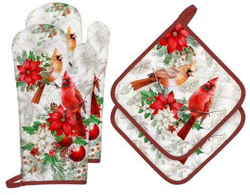 Arquiel Christmas Cardinal Oven Mitts and Pot Holders Sets 4Pcs, 100% Cotton Heat Resistant, Extra Long Oven Gloves Potholder for Kitchen Cooking Baking Decoration