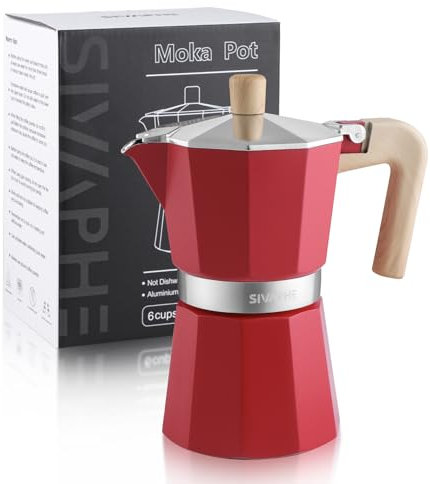 Sivaphe Stovetop Coffee Maker 300ml/6 Cups, Aluminium Moka Pot Italian Espresso Maker with Heat-Resistant Handle, Red