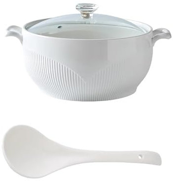 Sopera con Tapa de Vidrio y Cuchara, Tazón de Sopa de Porcelana para Servir Mesa de Cocina,blanca,L