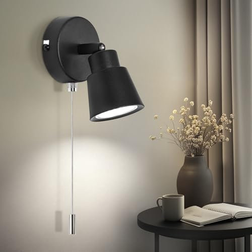 TaFiCo Black Wall Lights with Pull Cord Switch GU10 - Modern Pull Cord Light Switch 350° Rotatable - Indoor Wall Sconce Lights for Bedroom Bedside Living Room Kitchen - Bulb Not Included