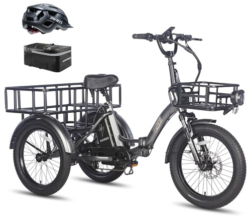 Fafrees F20 Mate Triciclo Elettrico a 3 Ruote, Bici Elettrica Pieghevole, 48V 18,2Ah, Autonomia 70 km, Pneumatici Fat 20x3,0 (Nero+cestello anteriore+cestello posteriore allargato)