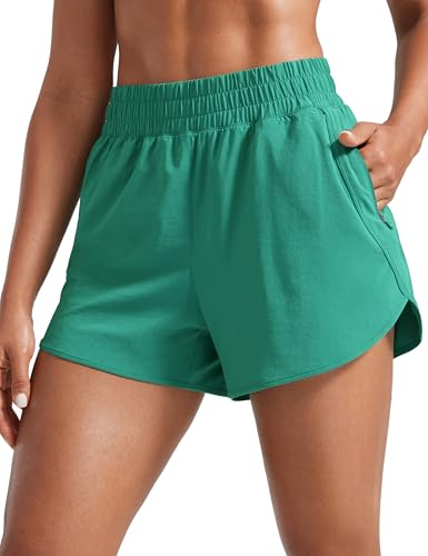 CRZ YOGA Women's High Waist Running Shorts - 3'' Mesh Liner Quick Dry Athletic Gym Workout Shorts with Zipper Pocket Cascadia Green 12