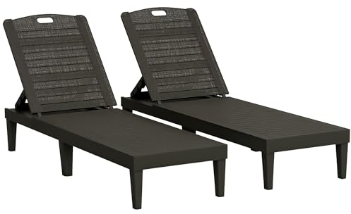 Outsunny Set di 2 Lettini Prendisole da Giardino con Schienale Regolabile su 4 Livelli, Sdraio da Giardino Impermeabile con Effetto Rattan a Doghe in PP, per Spiaggia, Piscina, 56x187x28cm, Nero
